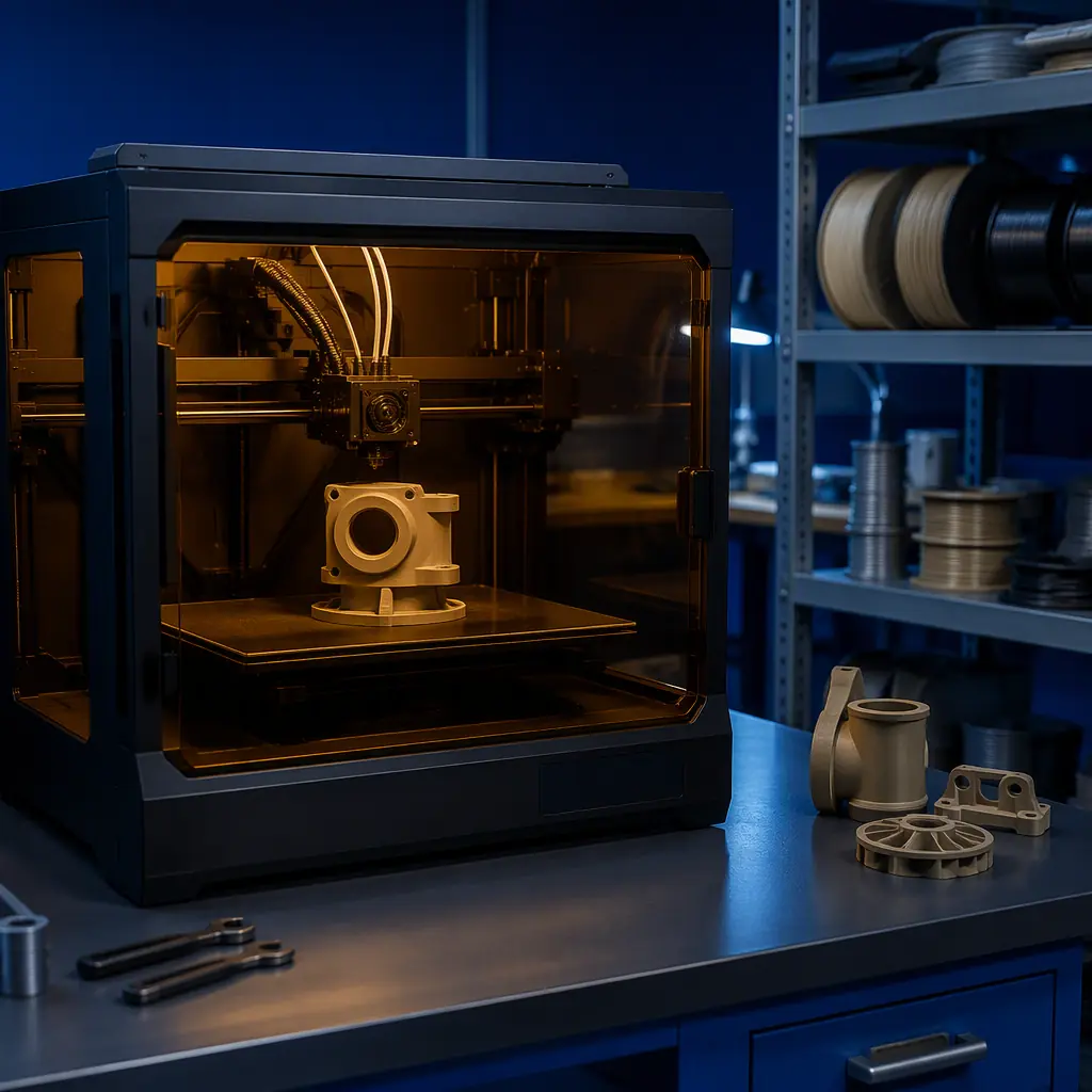 3D printer printing a high-temperature PEEK part with amber-tinted enclosed chamber visible, engineering lab setting with thermal-tolerant filament spools on shelf, photorealistic, no people, no text, no logos