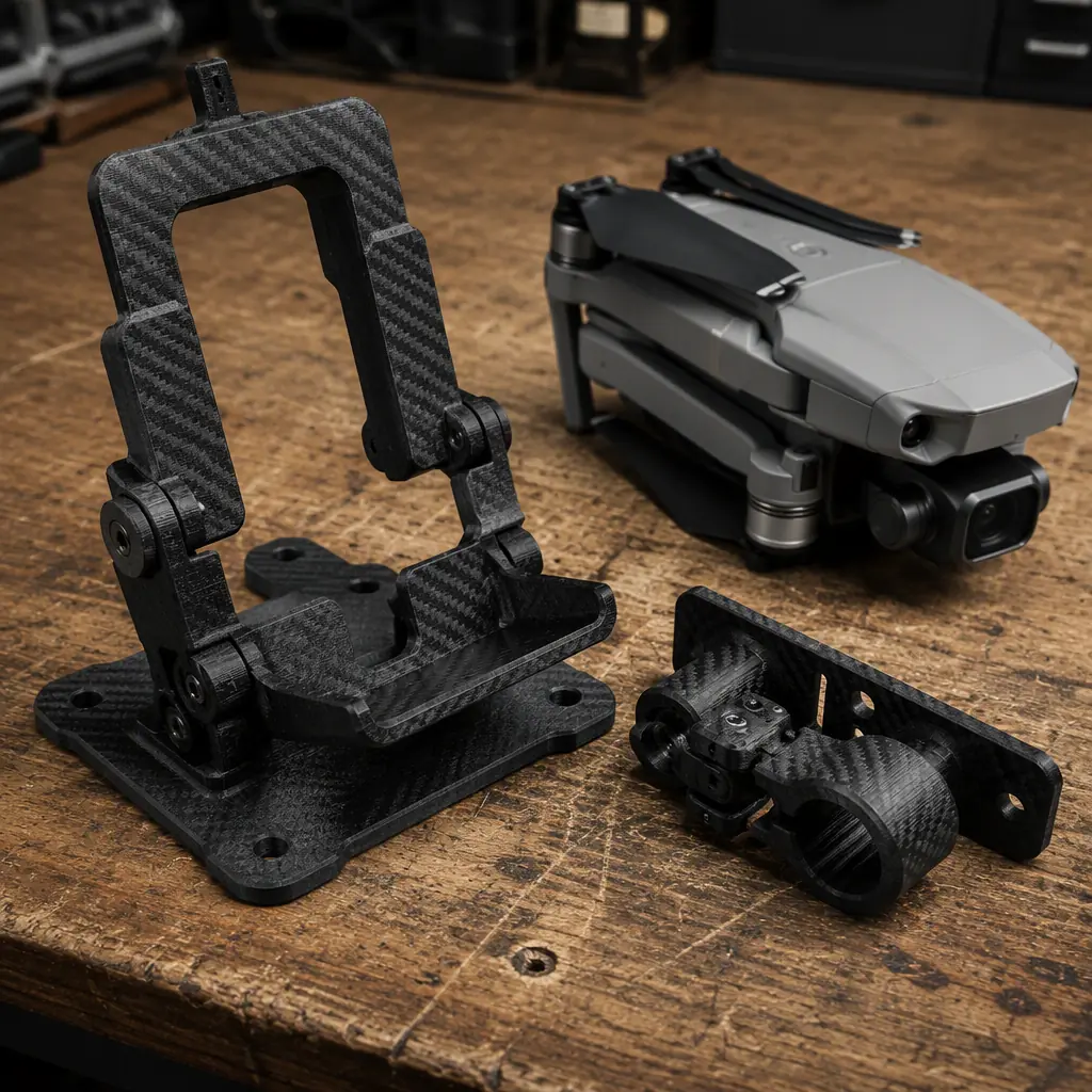Drone ground-station mount and antenna bracket 3D printed in carbon-fiber nylon on a workbench next to a compact folded quadcopter drone, photorealistic macro shot, no people, no text, no logos