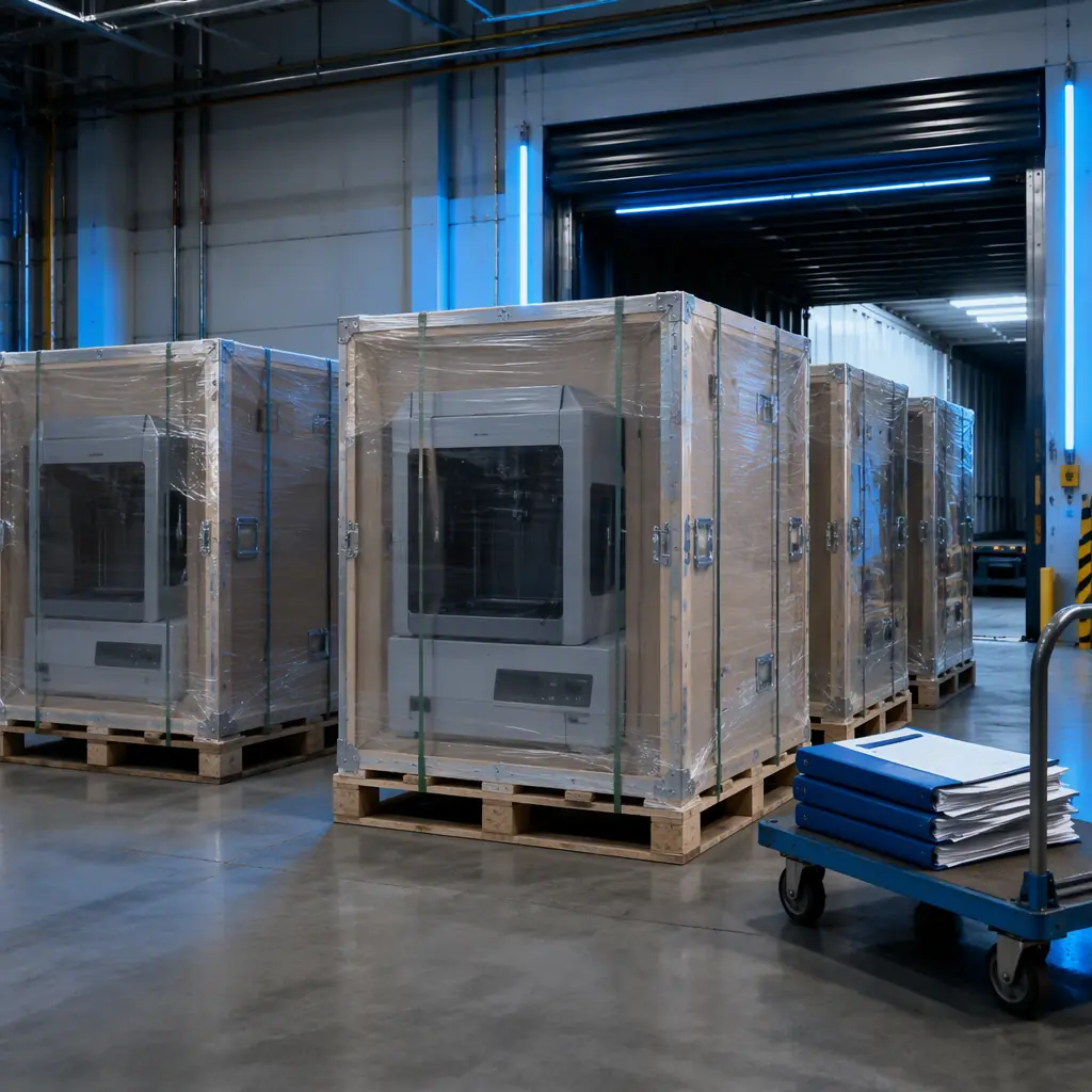 Export warehouse loading dock with 3D printer units packed in reinforced shipping crates on wooden pallets, stretch wrap and export documentation folders on a cart, industrial lighting with electric blue accents, photorealistic, no people, no text, no logos