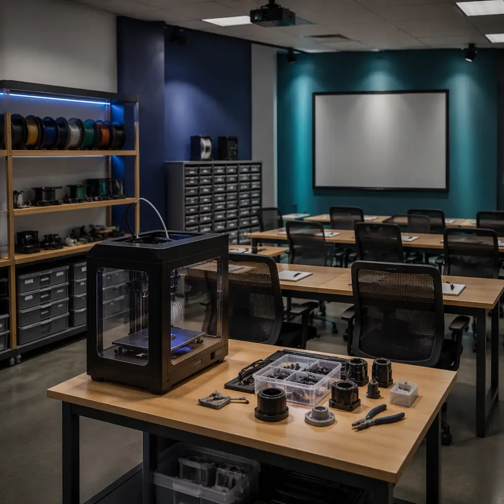 Regional distributor training room with a 3D printer on a demo table, sales team members in the background taking notes, spare parts cabinet and filament shelf along the wall, cool industrial lighting with blue and teal accents, photorealistic, no faces, no text, no logos