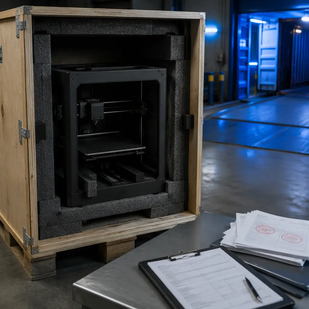 Customs and freight inspection area with an open shipping crate revealing a 3D printer in foam packing, a customs officer's clipboard and stamped export documents on a nearby table, dock lighting with blue accents, photorealistic, no people, no text, no logos
