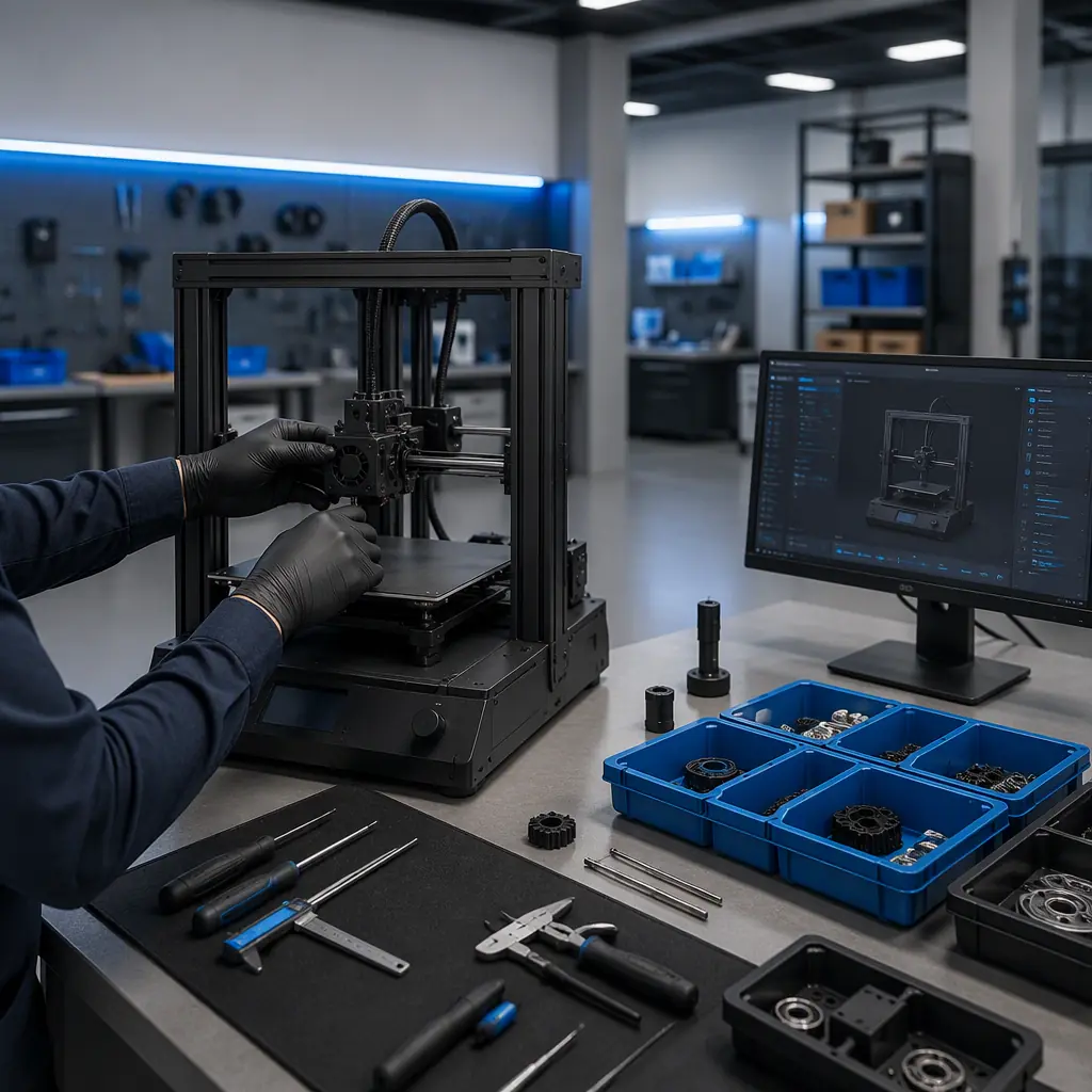Service technician setting up a 3D printer in a new regional service center, calibration tools and spare part trays on the workbench, monitor showing printer status, clean industrial space with blue accent lighting, photorealistic, no faces, no text, no logos