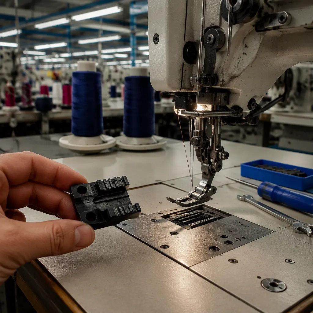 Industrial sewing machine worktable in a garment factory with a 3D printed PA-CF feed dog part held beside the machine bed, thread spools and tools visible, factory lighting, photorealistic macro, no people, no text, no logos