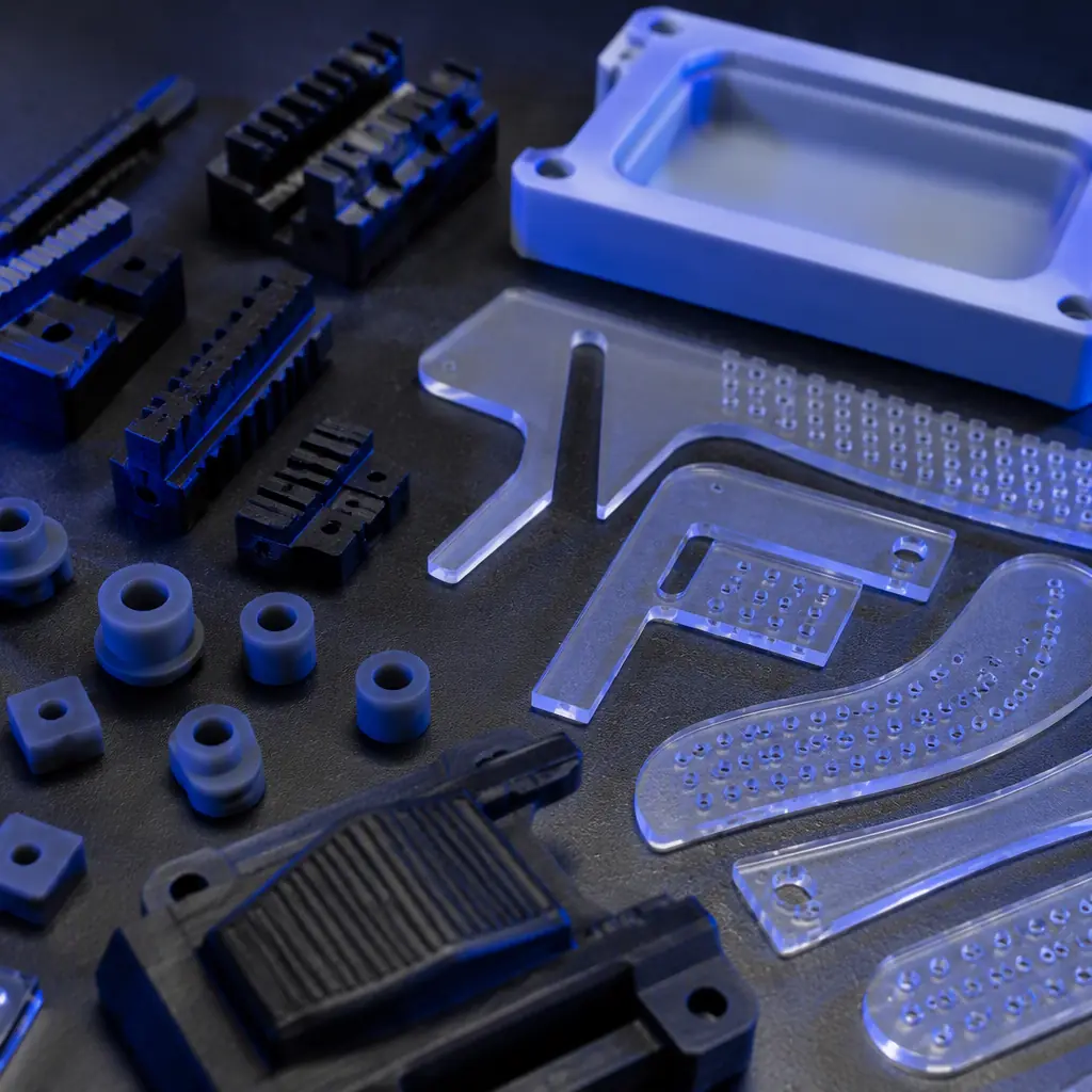Flat lay of 3D printed garment factory parts on a dark workbench: PA-CF feed dogs, PETG cutting templates, TPU dampers and a small thermoforming mold, macro detail, studio lighting with blue accent glow, photorealistic, no people, no text, no logos