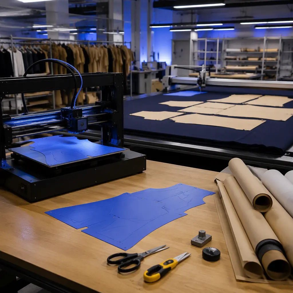 Garment factory cutting room with a 3D printer printing a cutting template beside a fabric cutting table, pattern paper and cutting tools visible, industrial lighting with blue accents, photorealistic, no people, no text, no logos