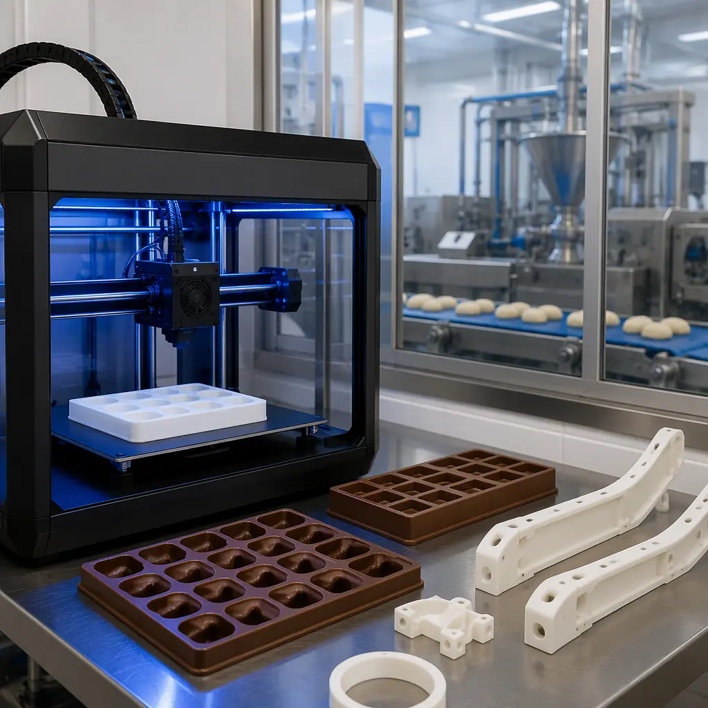 3D printer producing food-safe molds on a workbench inside a commercial bakery, printed chocolate molds and conveyor guide parts nearby, dough line machinery visible in the background through a window, clean industrial lighting with blue accents, photorealistic, no people, no text, no logos