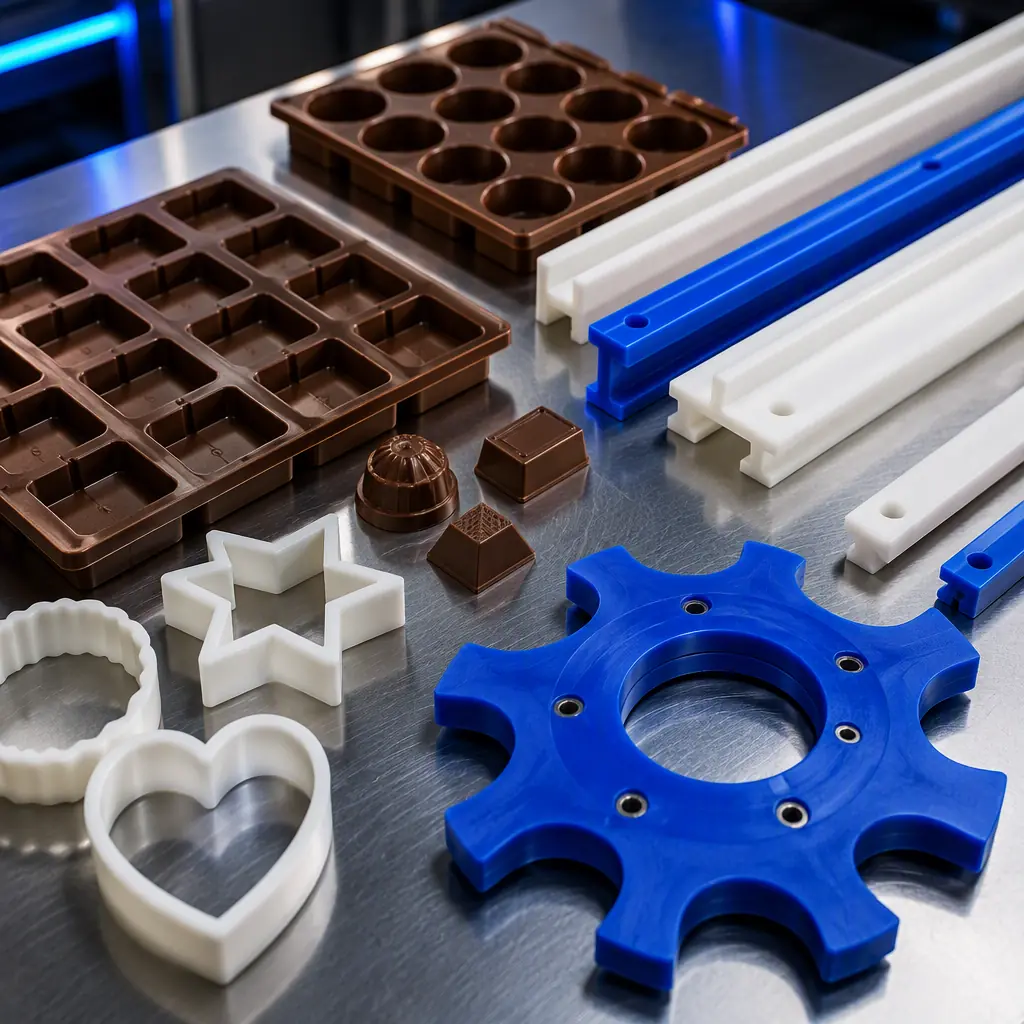 Flat lay of 3D printed food-safe parts on a stainless steel table: chocolate molds, cookie cutters, conveyor guide rails and a star wheel, macro detail, clean food plant lighting with blue accent glow, photorealistic, no people, no text, no logos