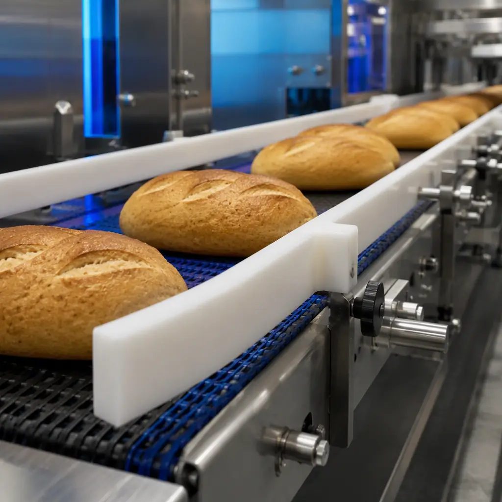 Conveyor section of a commercial bakery line with a 3D printed food-safe guide rail installed, baked products moving on the belt, stainless steel machinery, clean plant lighting with cool blue accents, photorealistic, no people, no text, no logos
