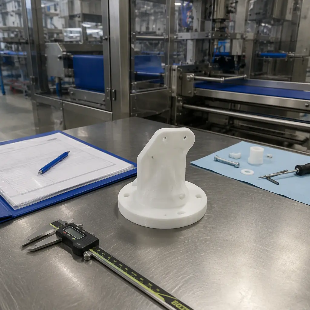 Maintenance engineer's workbench in a food plant with a printed changeover part being inspected next to a packaging machine, digital calipers and food-safety documentation folder on the bench, clean industrial setting, photorealistic, no faces, no text, no logos
