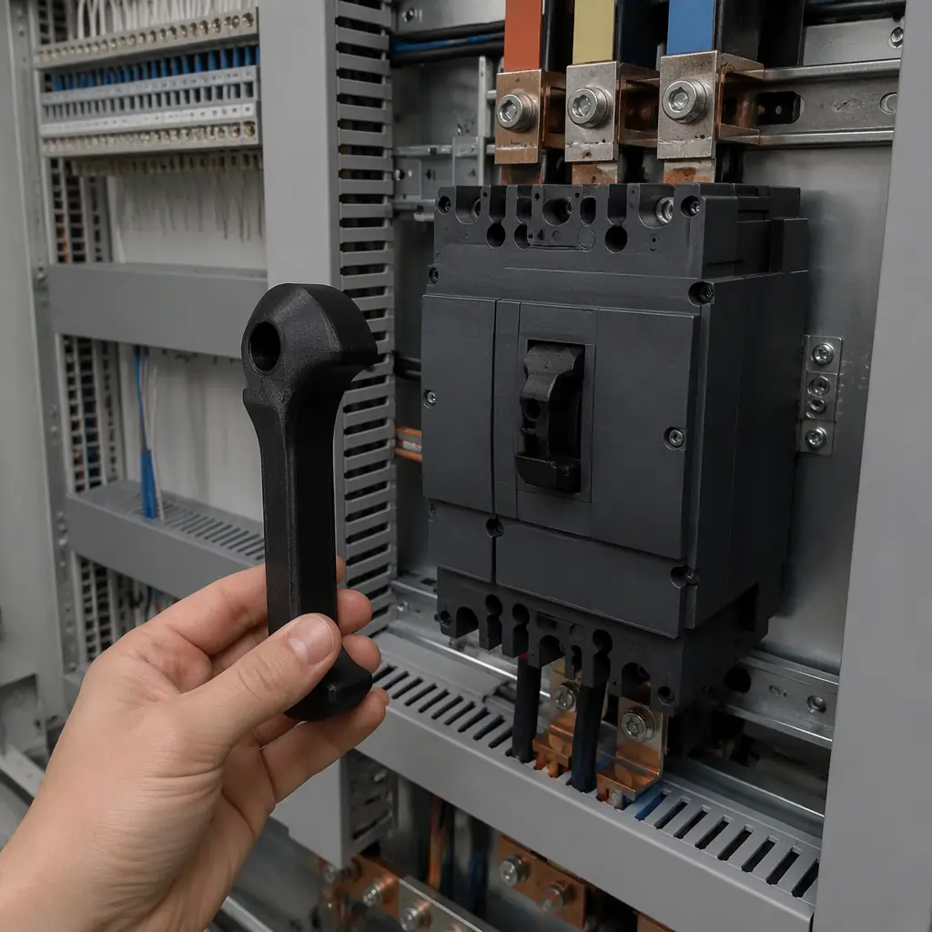 Electrical control panel cabinet with a 3D printed flame-retardant breaker handle replica held beside a de-energized molded case circuit breaker, wire ducts and busbars visible, industrial setting, photorealistic, no people, no text, no logos