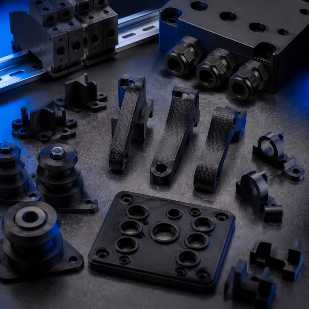 Flat lay of 3D printed electrical parts on a dark workbench: flame-retardant breaker handles, busbar insulators, DIN rail end stops, gland plates and cable clips, macro detail, studio lighting with blue accent glow, photorealistic, no people, no text, no logos