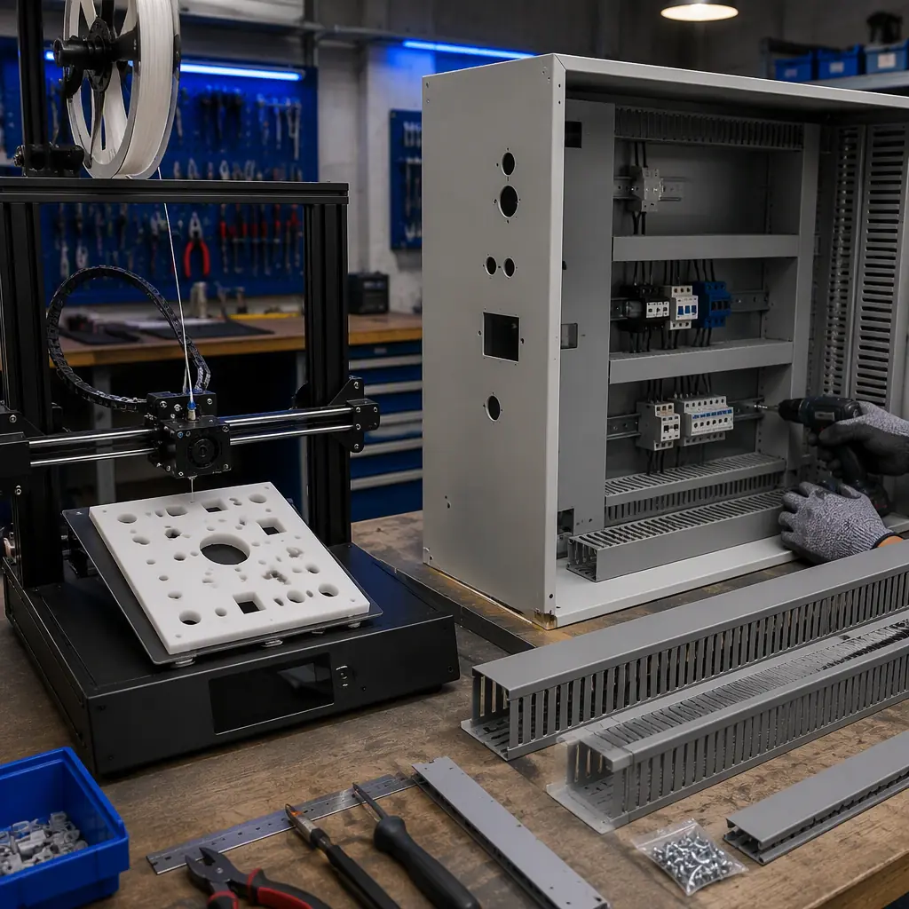 Panel builder workshop with a 3D printer printing a drilling template beside a control panel enclosure being fabricated, tools and wire duct material visible, industrial lighting with blue accents, photorealistic, no people, no text, no logos