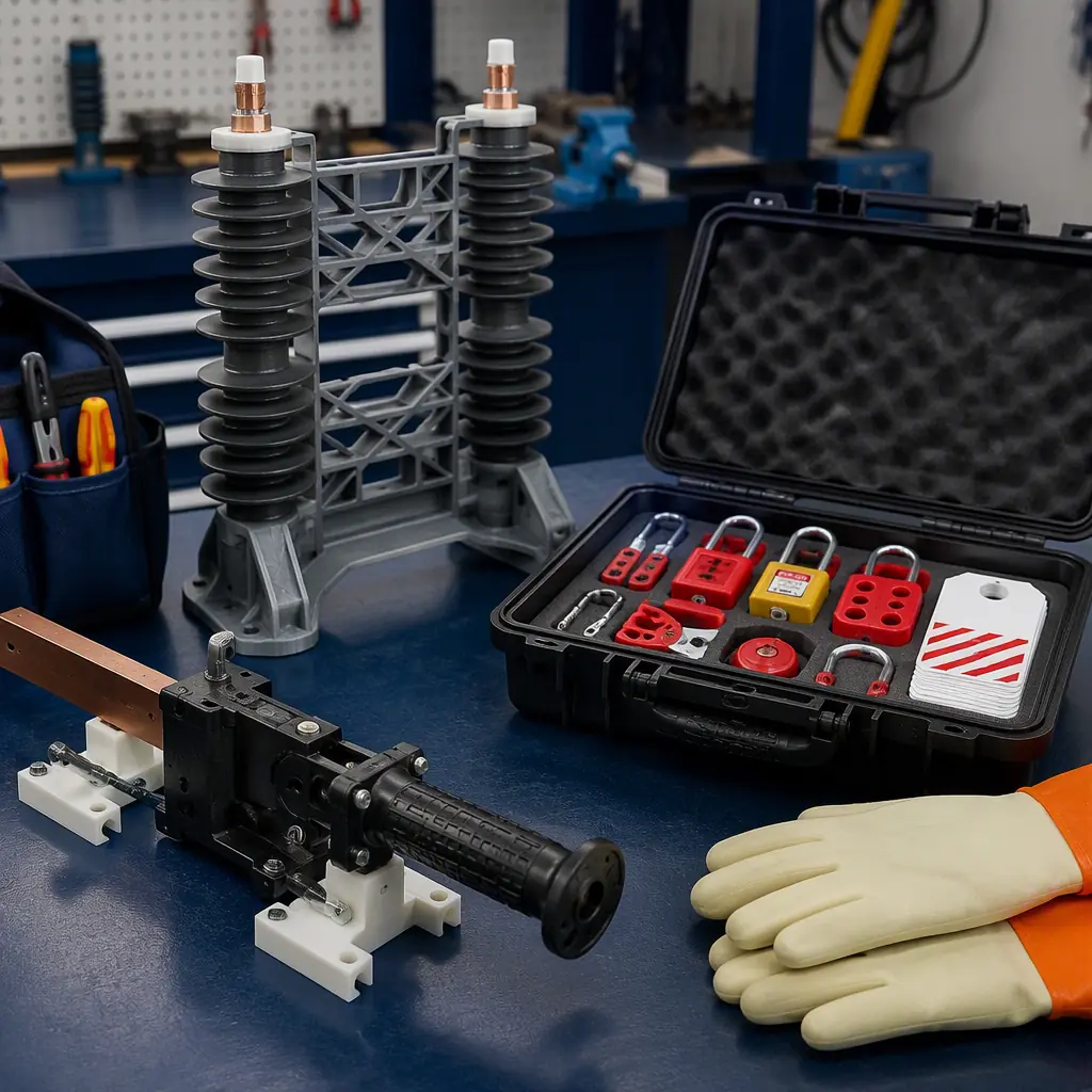 Utility maintenance technician's workbench with flame-retardant printed insulator brackets and a breaker handle replica next to a lockout tagout kit and electrical safety gloves, clean industrial setting, photorealistic, no people, no text, no logos