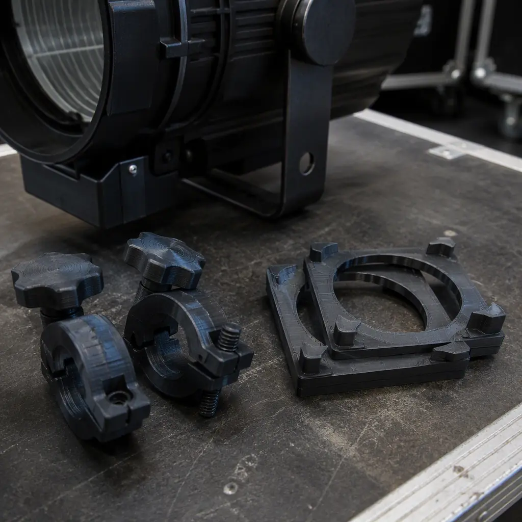 3D printed matte black truss clamp knobs and gel frame adapters for stage lighting on a workbench next to a stage light fixture, macro photorealistic shot, layer lines visible, cool industrial lighting, no people, no text, no logos