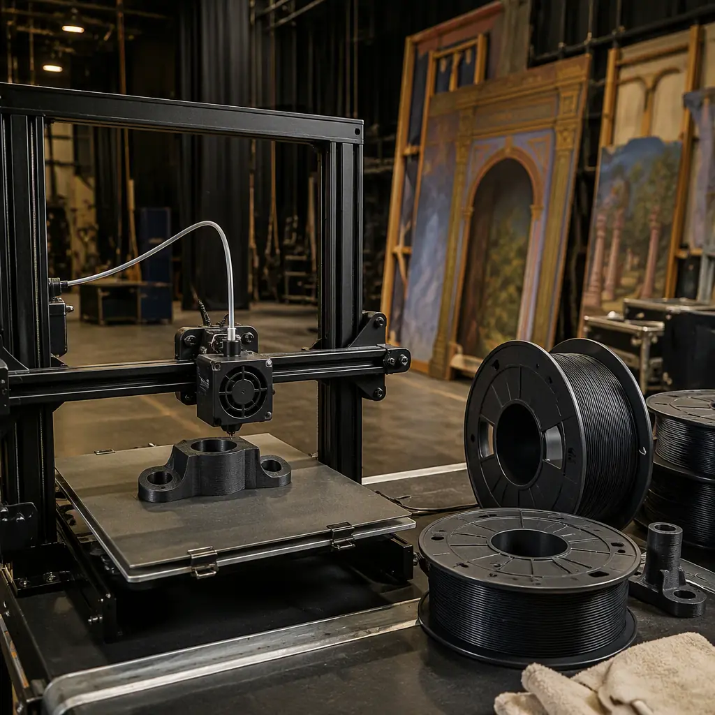 3D printer in a backstage production workshop printing a flame-retardant ASA stage prop connector, spools of matte black filament nearby, stage scenery flats in background, photorealistic, no people, no text, no logos