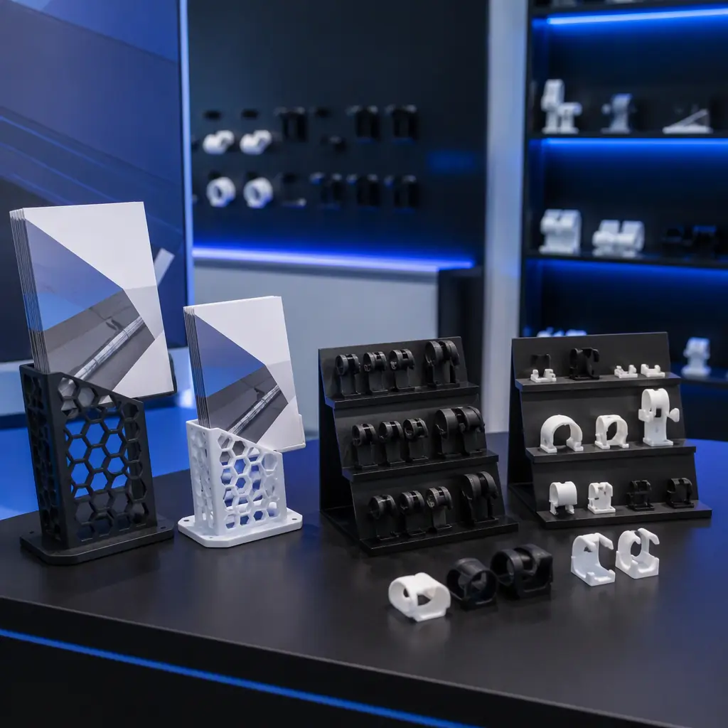 Custom 3D printed trade show booth product stands and cable management clips on display in an exhibition booth, printed PETG fixtures holding product brochures, photorealistic, blue accent lighting, no people, no text, no logos