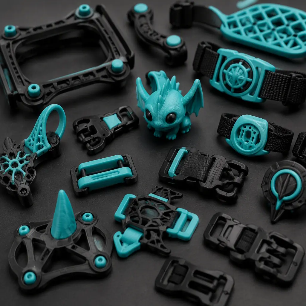 Flexible TPU wearable festival costume clips and harness parts 3D printed in black and teal, arranged on dark surface with a small printed mascot accessory, macro photorealistic, no people, no text, no logos