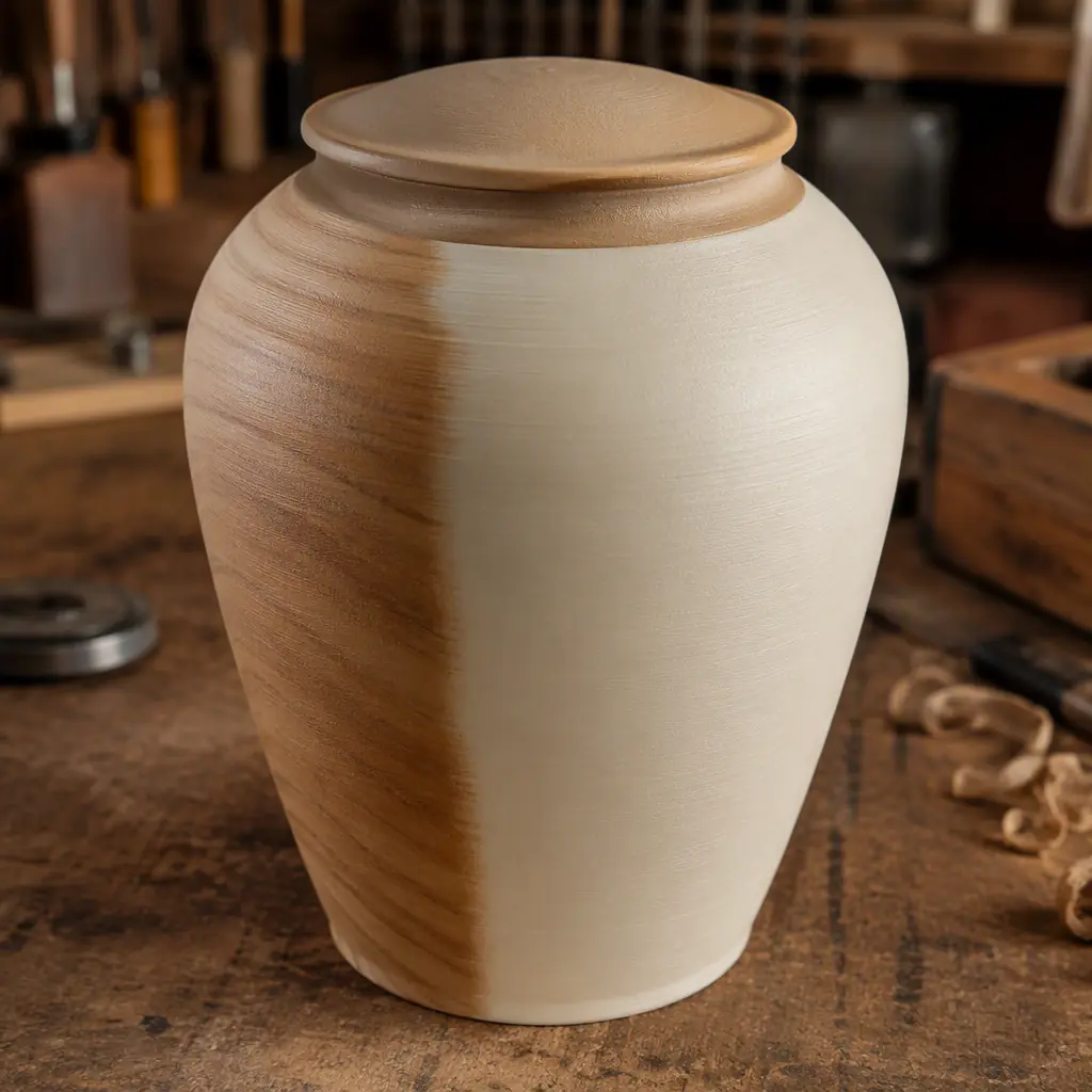 Macro close-up of a 3D printed wood-fill composite memorial urn with smooth matte finish on a craftsman workbench, fine layer lines visible, warm oak and cream tones, photorealistic, no people, no text, no logos