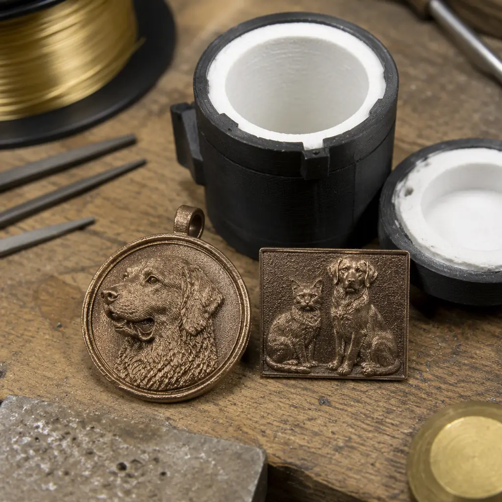 3D printed bronze-look memorial keepsake pendant and small relief keepsake being inspected next to a lost-PLA casting flask on a jewelry workbench, brass filaments and casting tools visible, photorealistic macro, no people, no text, no logos