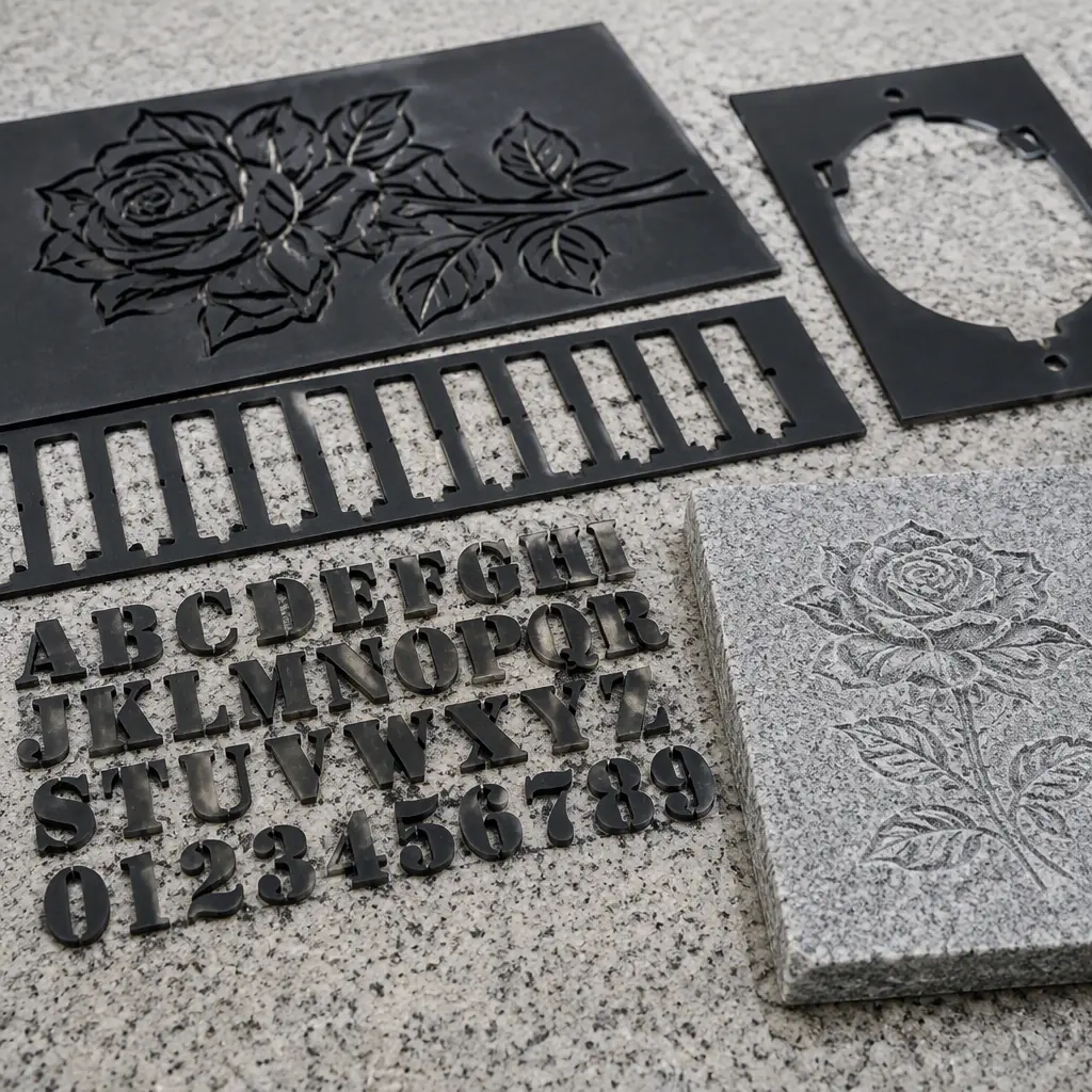 Sandblasting stencil masks and lettering templates 3D printed for monument fabrication, laid on a stone surface next to a small engraved granite sample, PETG templates in matte black, photorealistic, no people, no text, no logos