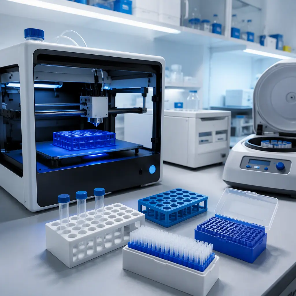 3D printer printing custom laboratory parts inside a modern research lab, printed tube racks and pipette tip holders on the bench beside a centrifuge, cool white and blue laboratory lighting, photorealistic, no people, no text, no logos