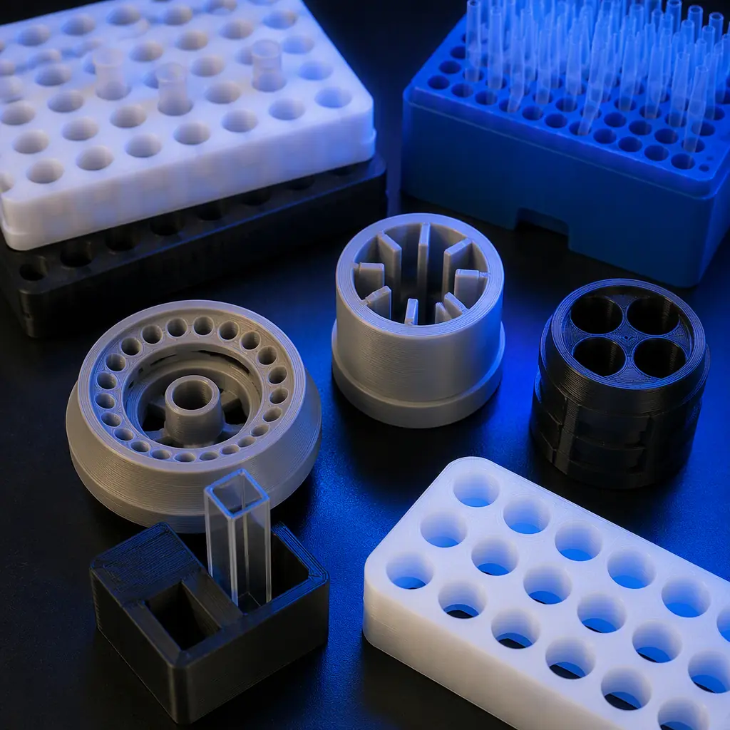 Flat lay of 3D printed laboratory parts on a dark bench: polypropylene tube racks, pipette tip holders, centrifuge rotor adapters and a cuvette holder, macro detail, studio lighting with blue accent glow, photorealistic, no people, no text, no logos