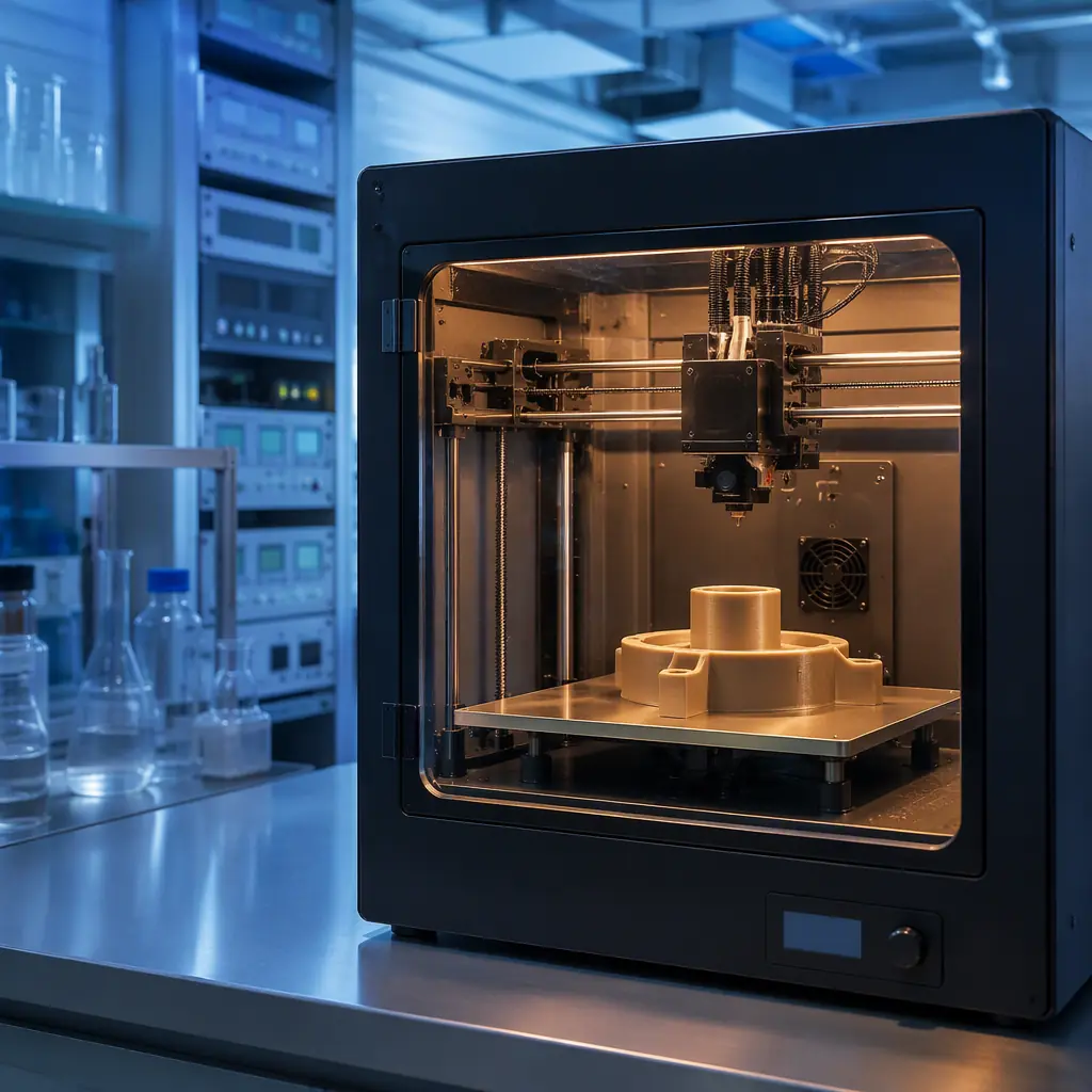 Enclosed 3D printer with heated chamber printing a high-temperature PEEK part inside a laboratory, instrument racks and glassware in the background, cool blue laboratory lighting, photorealistic, no people, no text, no logos