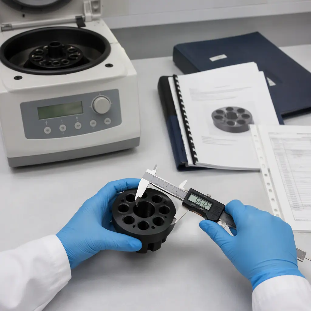 Laboratory technician's workbench with a printed centrifuge rotor adapter being measured with digital calipers next to a benchtop centrifuge, instrument manual and material data sheet folders nearby, clean lab setting, photorealistic, no faces, no text, no logos