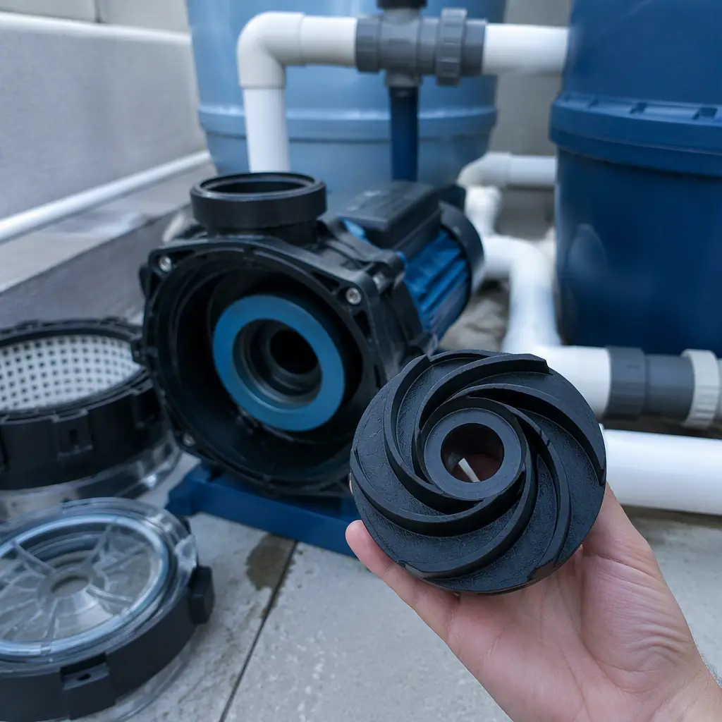 Pool pump station with a 3D printed PA-CF impeller held beside a disassembled centrifugal pool pump, filter housing and PVC pipes visible, outdoor equipment setting, photorealistic, no people, no text, no logos