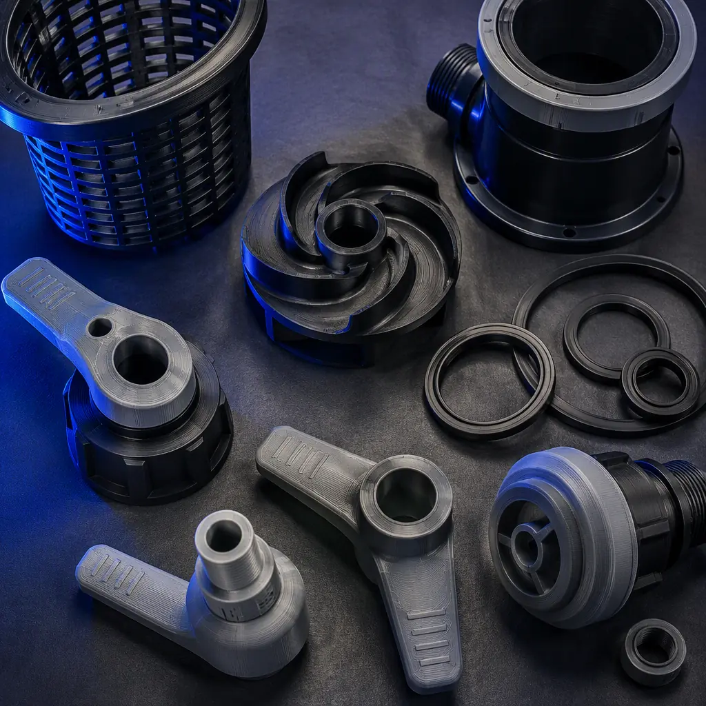 Flat lay of 3D printed pool and spa replacement parts on a dark workbench: ASA valve handles, PA-CF impeller, skimmer basket, spa jet body and gaskets, macro detail, studio lighting with blue accent glow, photorealistic, no people, no text, no logos
