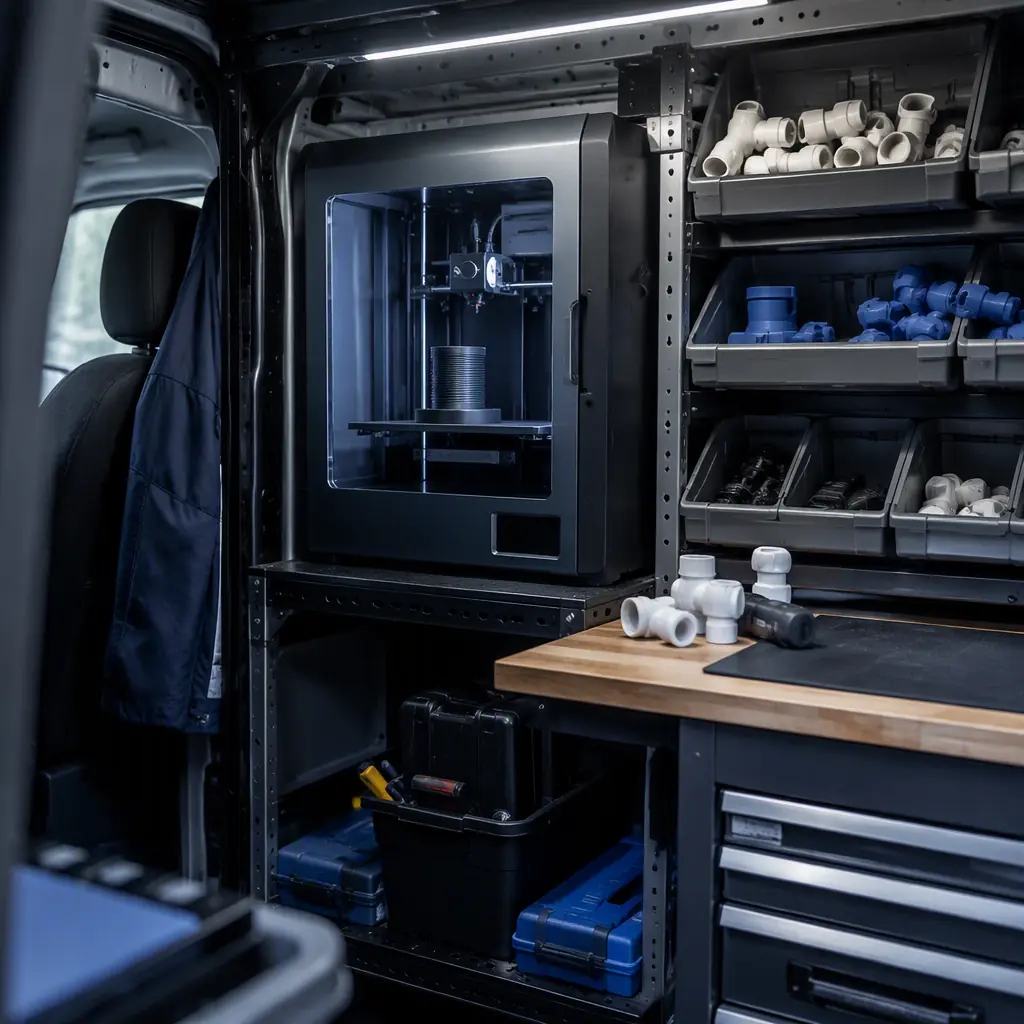 Service van interior setup with an enclosed 3D printer mounted on a rack, printed pool parts and tools organized beside it, commercial vehicle workshop setting, photorealistic, no people, no text, no logos