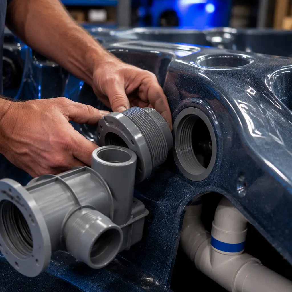 Spa jet housing and manifold parts being assembled next to a hot tub shell edge, with printed ASA parts fitted into the spa wall, workshop lighting with blue accents, photorealistic macro, no people, no text, no logos