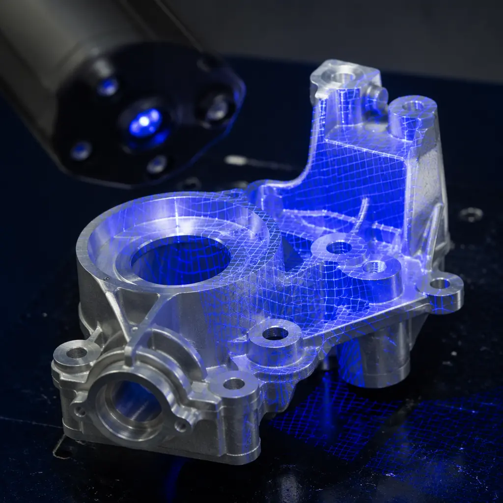 3D scanning workflow: structured light scanner digitizing a mechanical part for reverse engineering and 3D printing reproduction