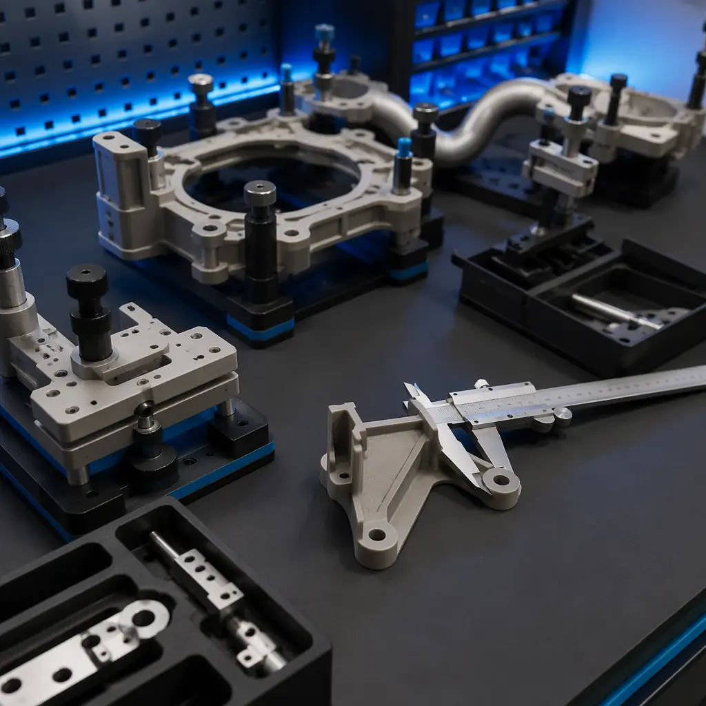 Engineering workbench with 3D printed assembly jigs and inspection gauges for vehicle parts, caliper measuring a printed bracket, blue accent lighting on dark surface, photorealistic, no hands, no faces, no text, no logos