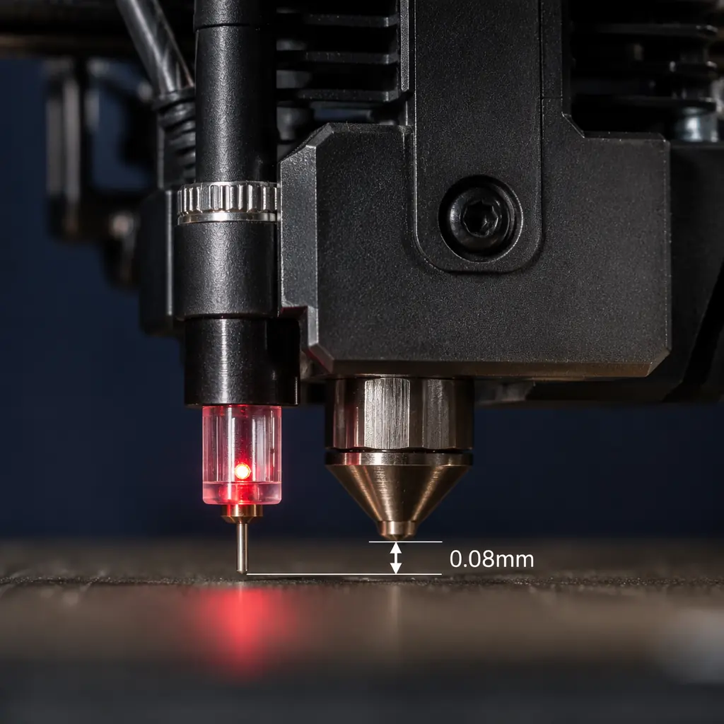 Close-up of 3D printer nozzle hovering over build plate with probe deployed, precision measurement shot showing the gap between nozzle tip and bed surface