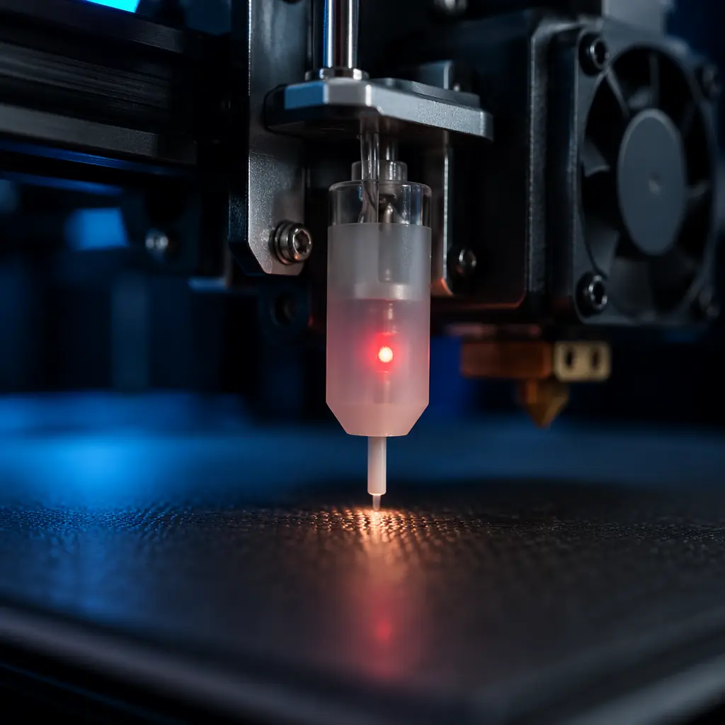 Macro photograph of BLTouch-style plunger probe tip touching a textured PEI build plate surface, showing the precise contact point with red LED indicator glowing
