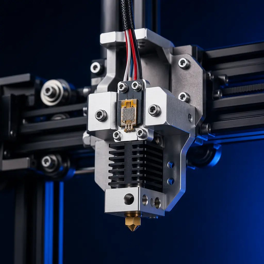 3D printer hotend assembly with integrated strain gauge sensor on precision mounting bracket, industrial product photography showing the sensor placement and wiring