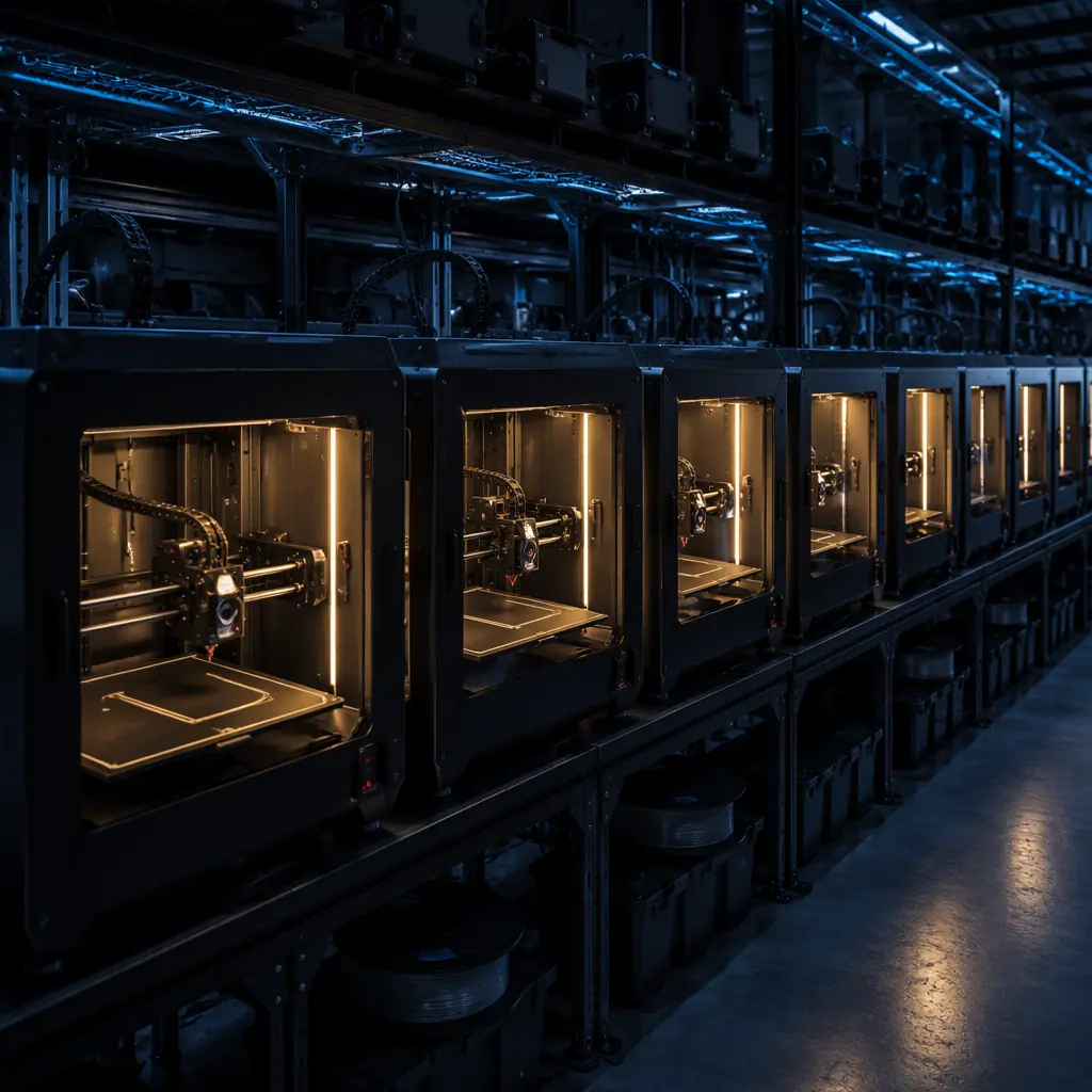 Row of identical 3D printers in print farm configuration, LED-lit print chambers showing first layers being printed simultaneously, industrial production setting
