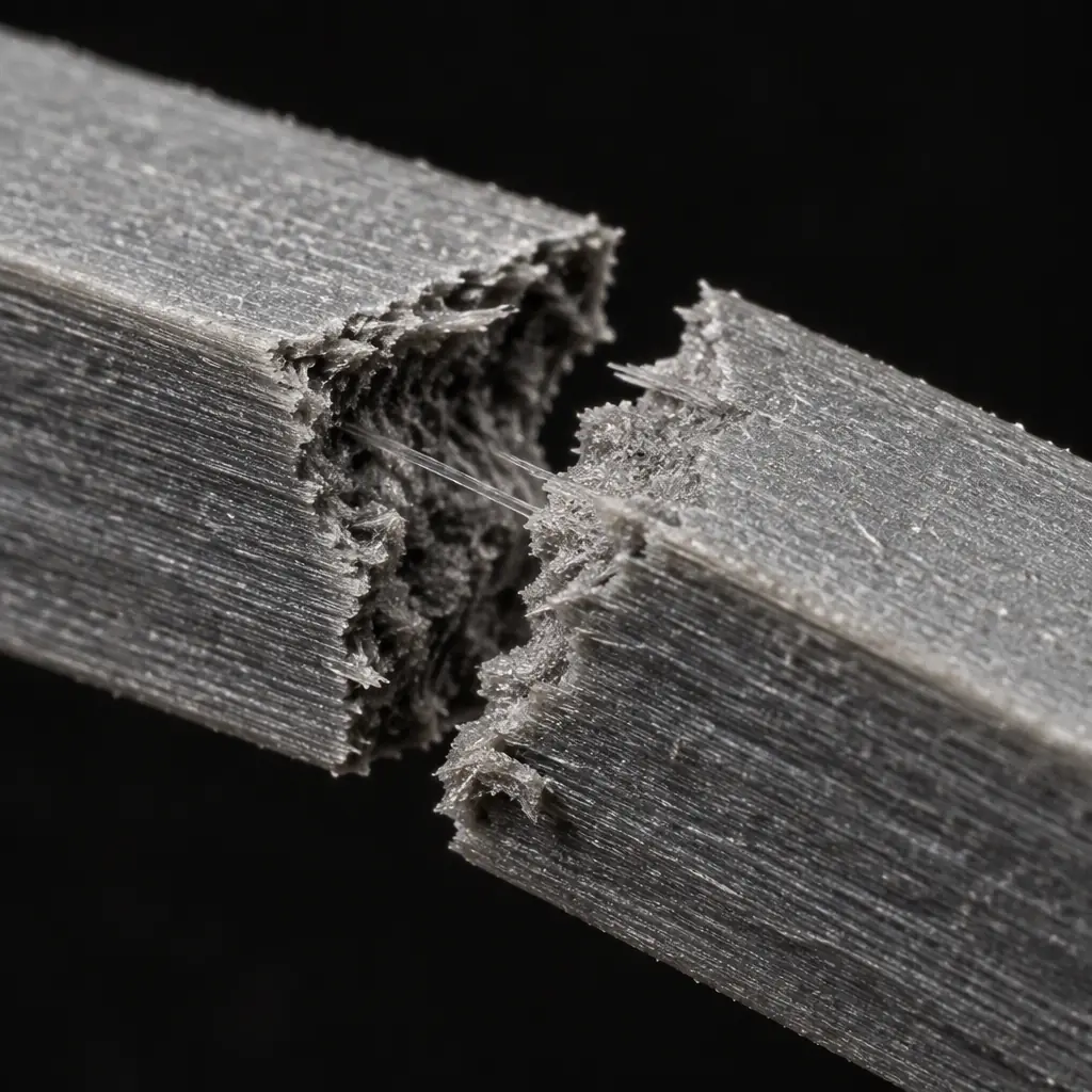 Macro photograph of a fractured 3D printed test bar showing layer separation at a seam, grey polymer, dark background, sharp detail