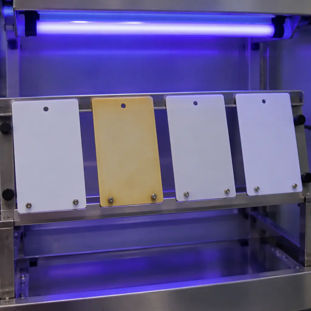 Printed test plaques mounted on a weathering rack in a UV chamber, one plaque visibly yellowed compared with the others, purple lamp glow