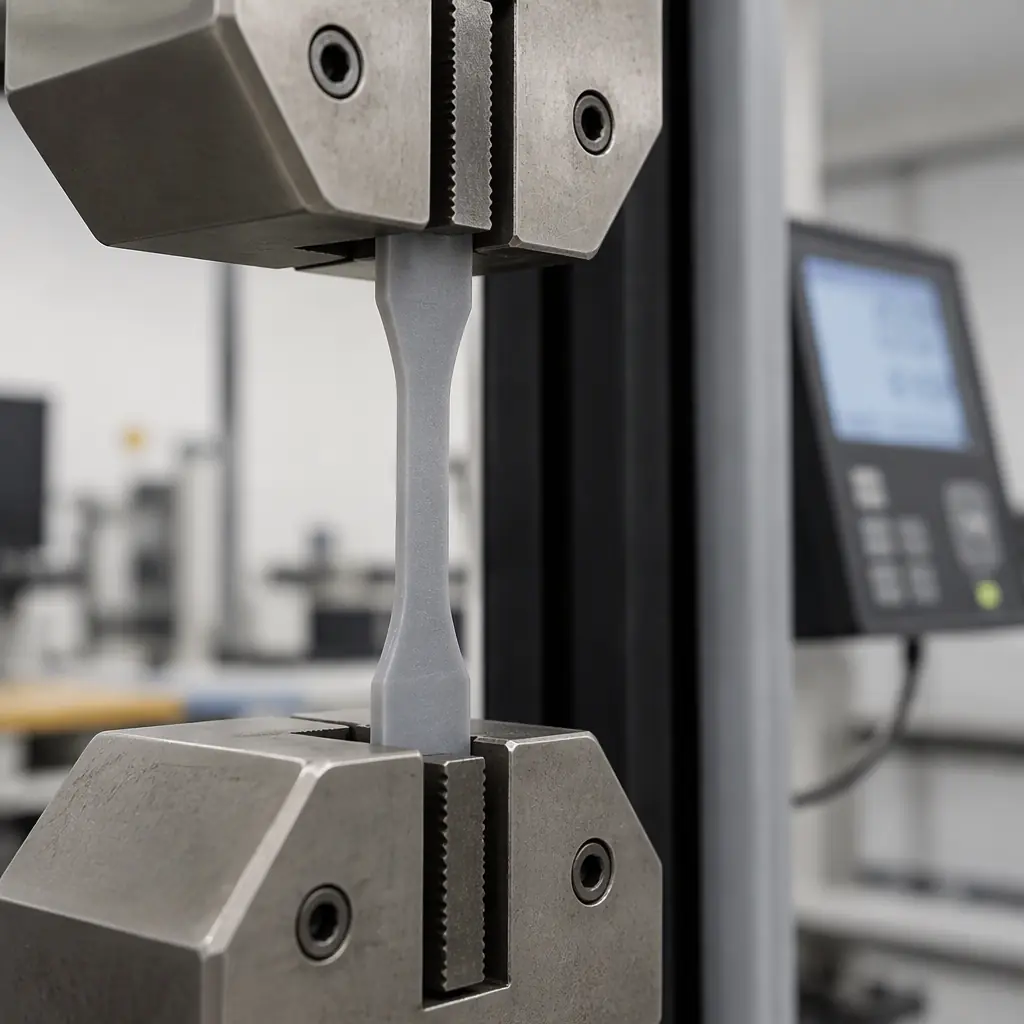 Tensile testing machine gripping a printed plastic specimen in a laboratory, digital readout out of focus, neutral lighting