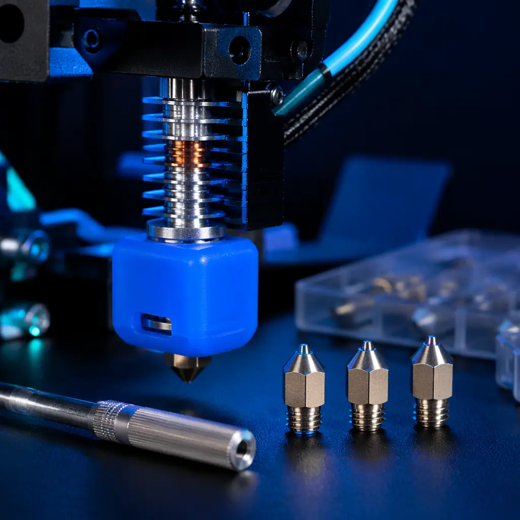 Close-up macro shot of 3D printer accessories on anti-static mat — gold PEI build plate, hardened steel nozzles in various sizes, silicone socks, bimetallic heat break, Capricorn tubing spooled — precision engineering aesthetic