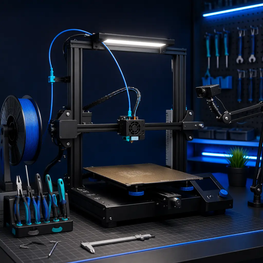 3D printer with multiple accessory upgrades visible — PEI build plate installed, LED light bar, filament guide with PTFE tube, webcam mounted on frame — clean workshop bench setting