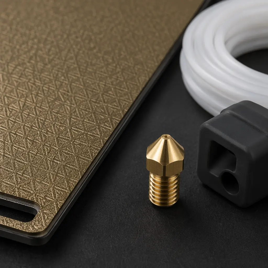 Professional product photography: assortment of 3D printer consumables arranged on dark surface — brass nozzles, PEI build plate, filament spools, PTFE tubing, and silicone socks, premium lighting