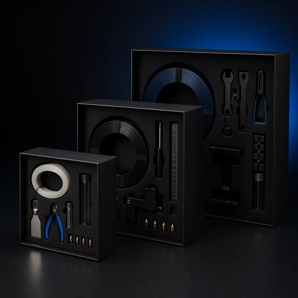 Studio macro shot: three curated 3D printer accessory kits in sleek black packaging boxes, tiered by size and contents, dark background with blue accent lighting