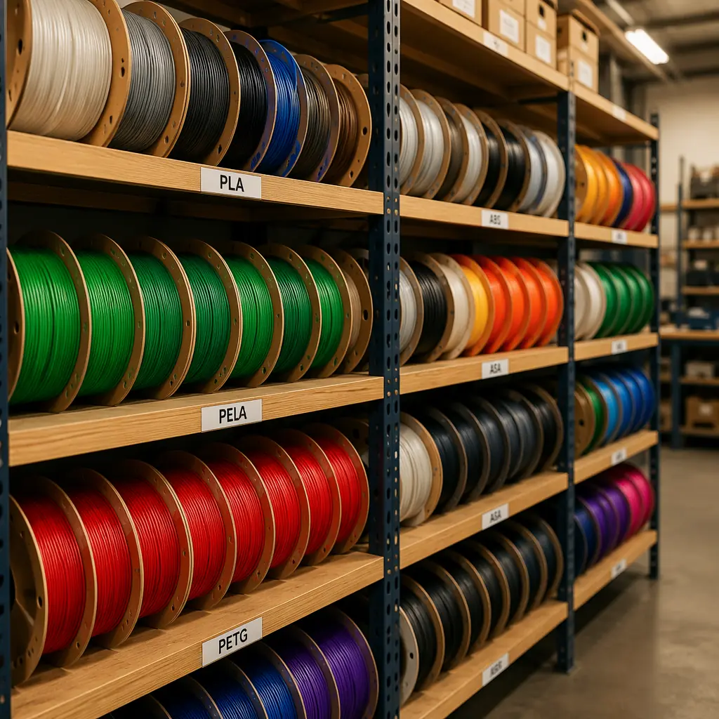Warehouse shelf photography: rows of 3D printer filament spools in multiple colors, organized by material type, industrial lighting, depth of field focus on foreground spools