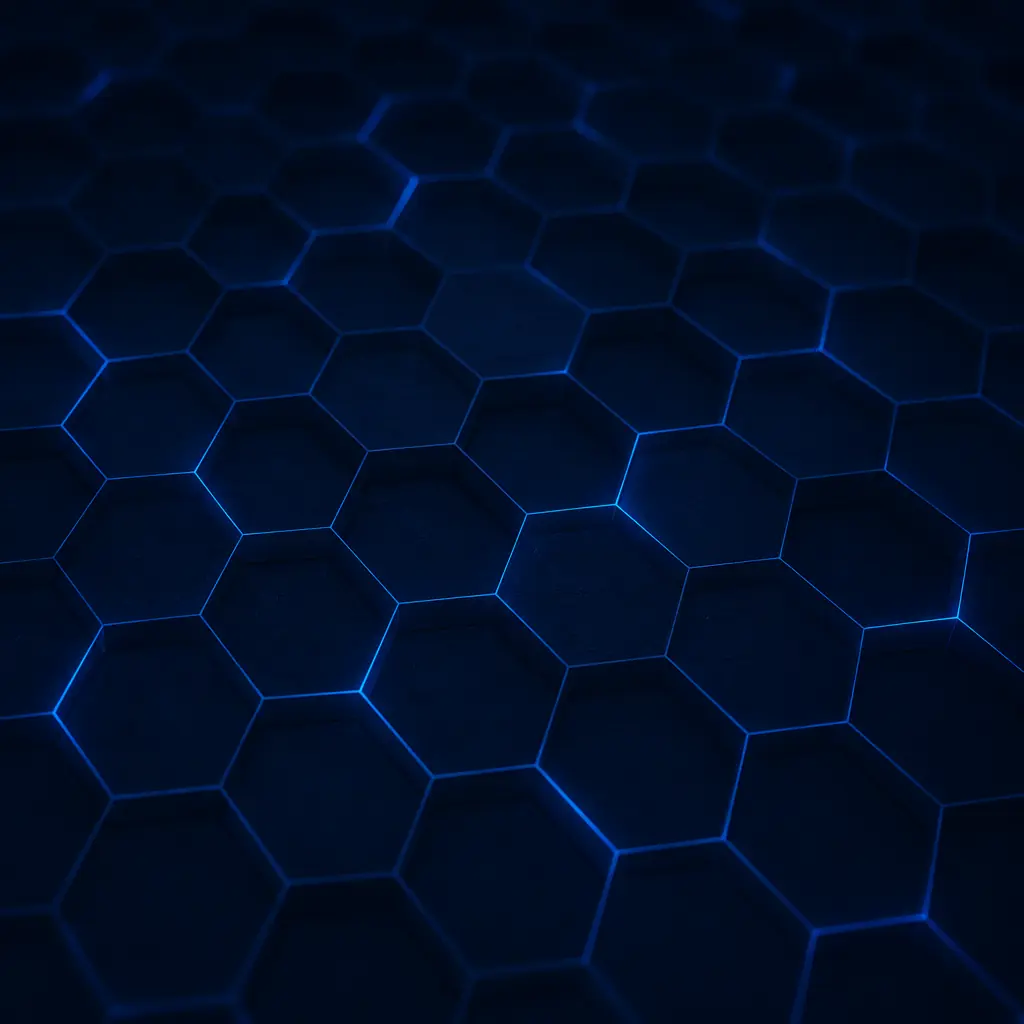 Abstract tech texture: dark navy surface with subtle hexagonal grid pattern and electric blue light accents, suitable as section divider or background