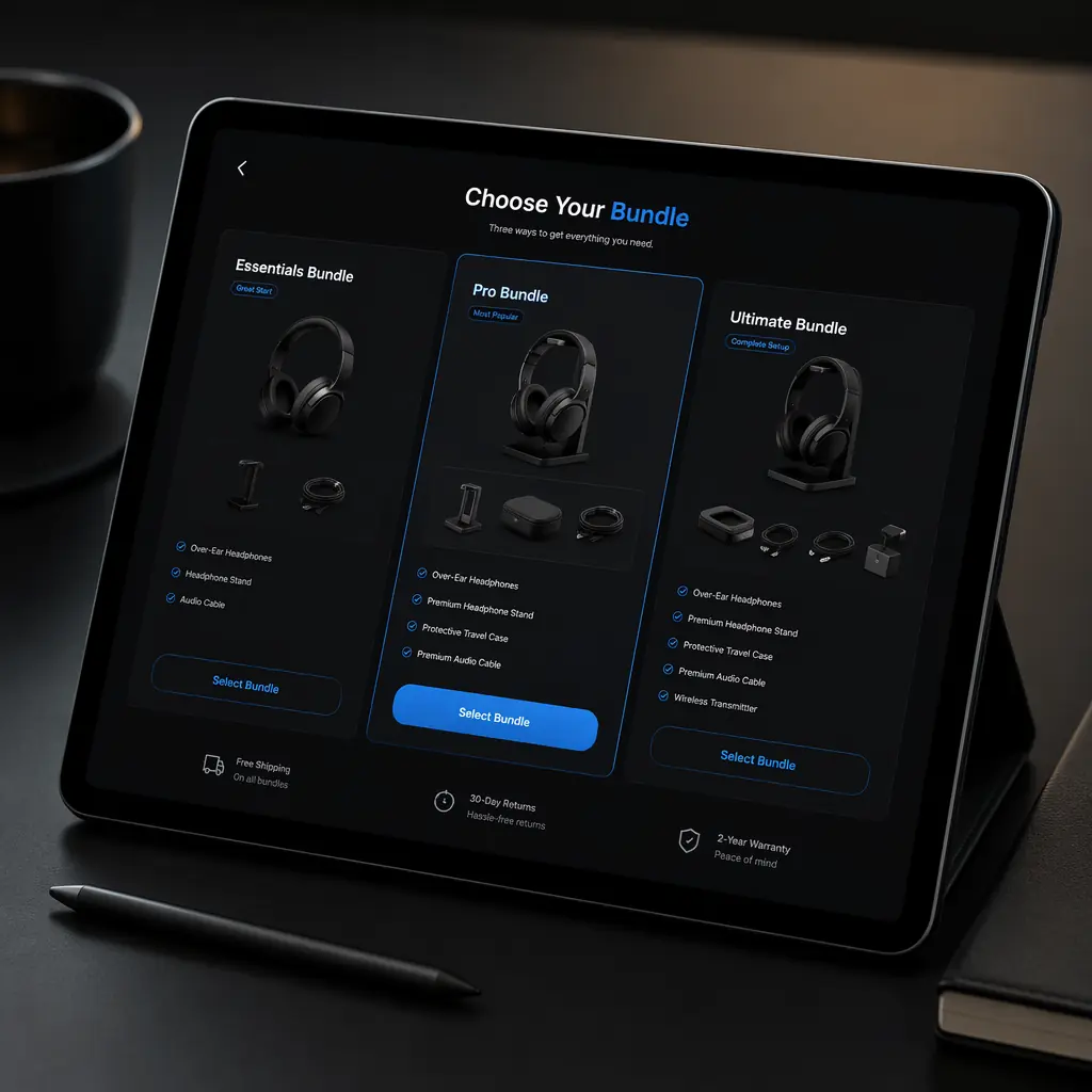 Modern e-commerce interface concept: tablet screen displaying three-tier bundle comparison with product images and savings badges, clean UI design, dark theme