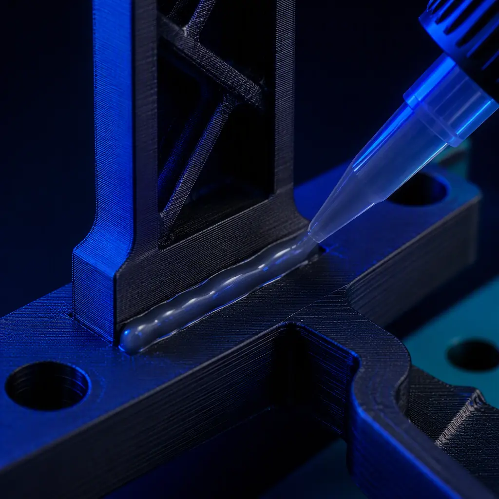 Macro close-up of a structural adhesive bead being applied to a 3D printed joint between two matte-black printed parts, viscous smooth bead, precise engineered-material surface, deep navy ambient with electric blue accent, no text, no logos