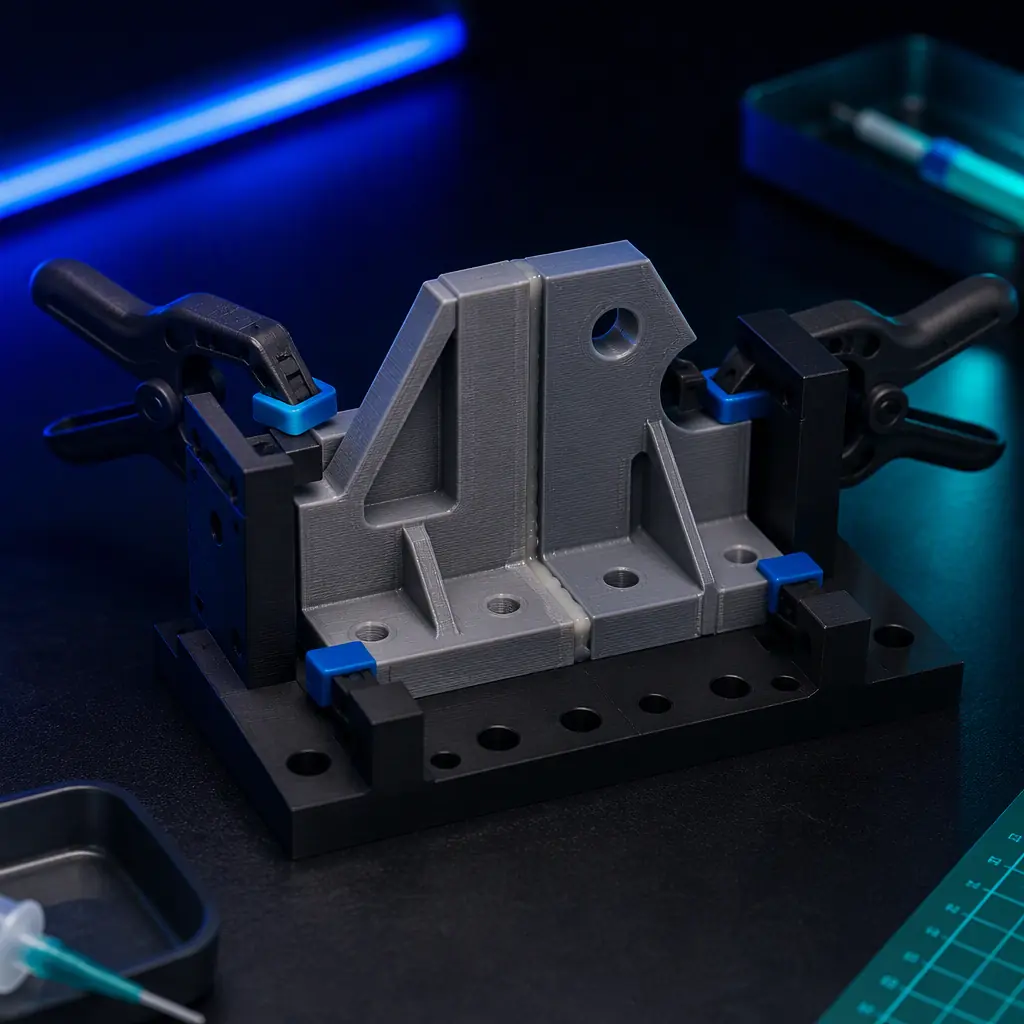 Two 3D printed parts held in a small assembly jig with structural adhesive and spring clamps on a dark workbench, precise engineered-material surface, deep navy ambient with electric blue accent, no text, no logos